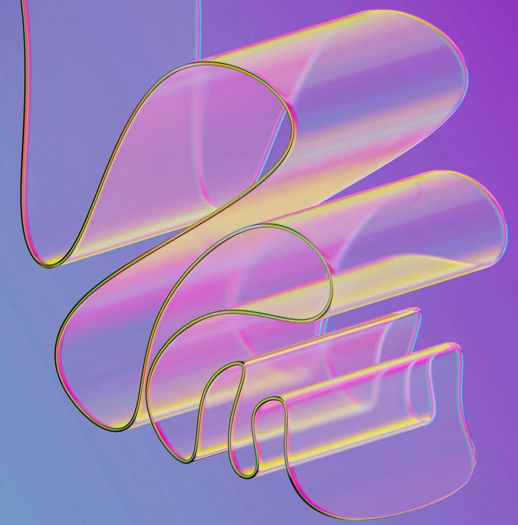 Bright digital artwork with looping neon-like ribbons in pink, yellow, and blue on a purple gradient background.