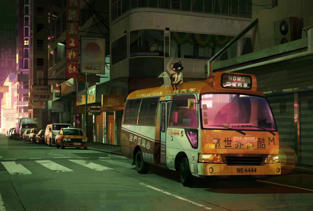 Illustration of a Hong Kong street with taxis and a public bus; a ghost and a black cat character sit on top holding a glowing cigarette.