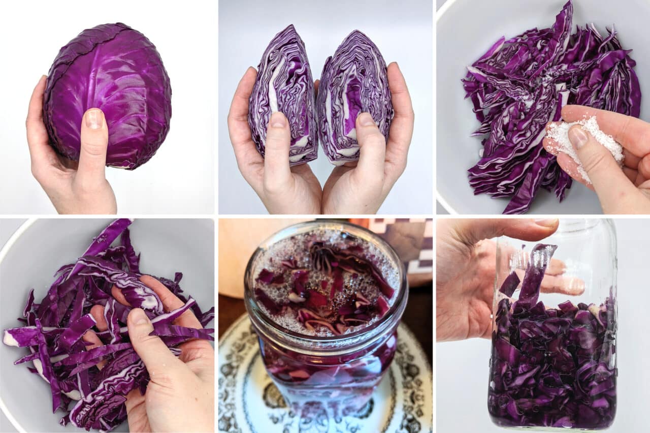 Step-by-step collage showing how to make fermented red cabbage: whole cabbage, halved, shredded, sprinkled with salt, massaged, packed into a jar, and fermenting in brine.