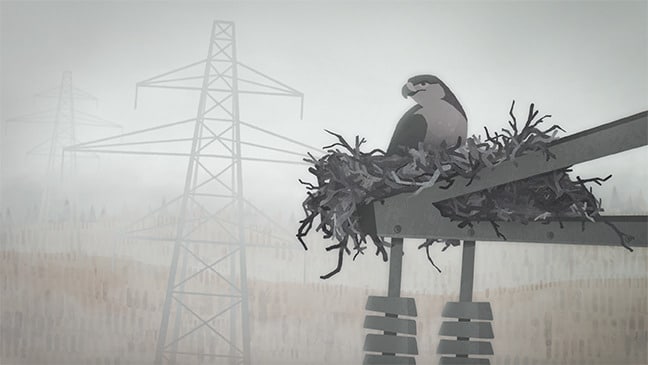 Digital illustration of a bird perched in a nest on a utility pole, with power lines and misty forest in the background.