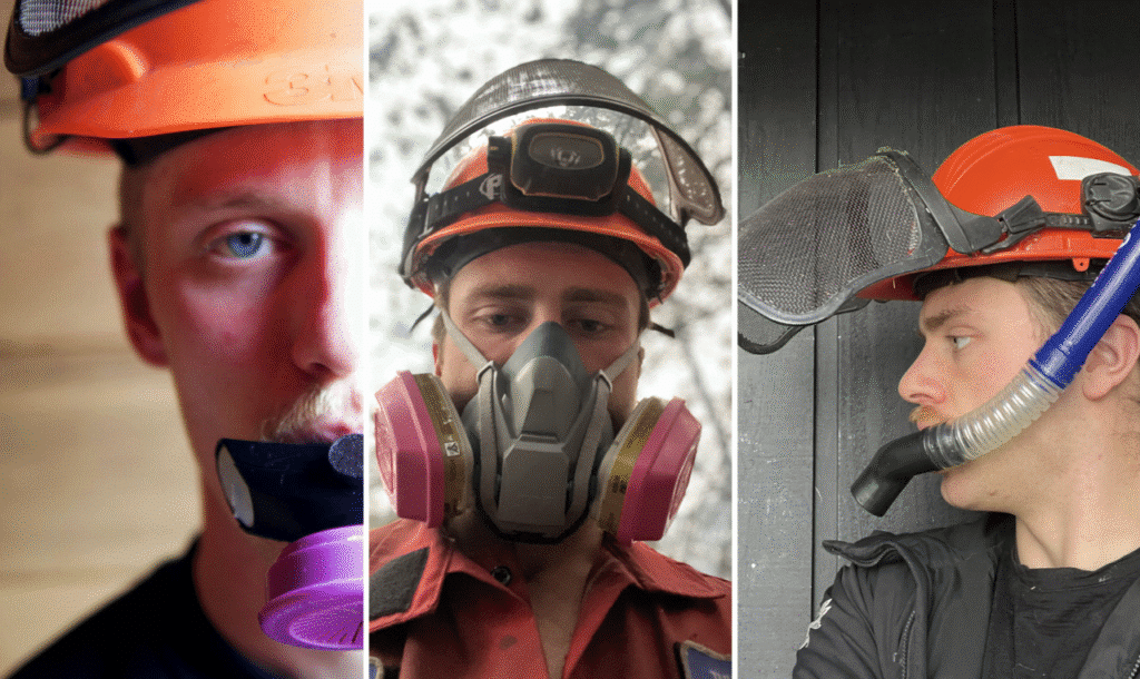 A photo series documents prototypes of wildfire respirators, showing close-up details of the devices, individual portraits of people wearing helmets with respirator attachments, and side-by-side comparisons of different mask configurations tested in both indoor and outdoor settings.