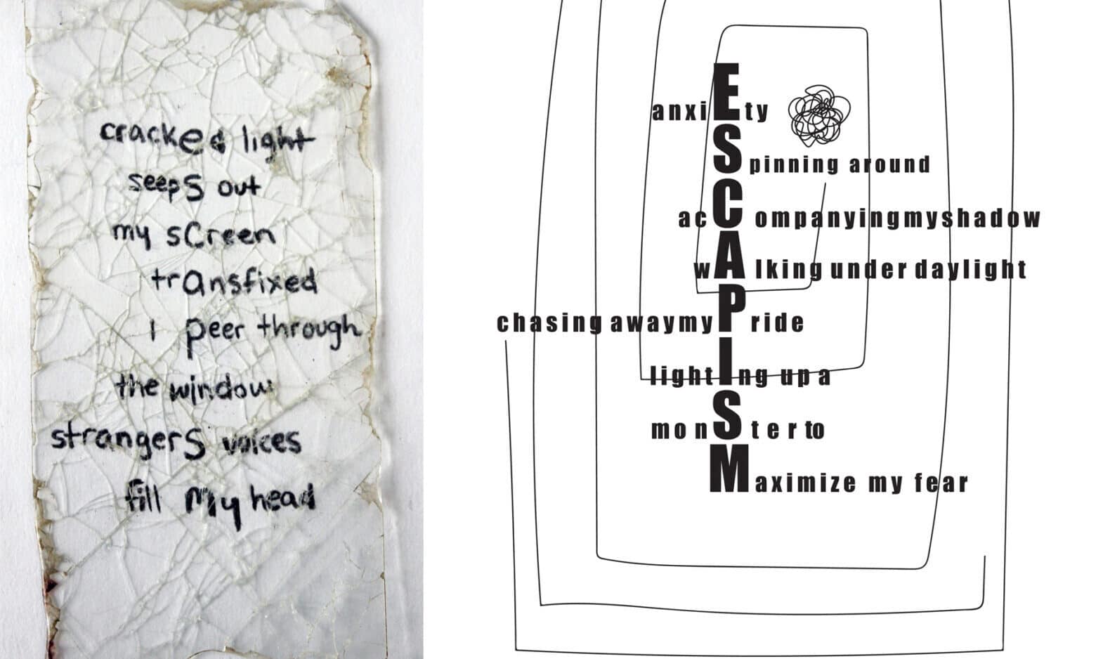 Left image: A fragment of cracked glass with handwritten text in black ink that reads: “cracked light seeps out my screen transfixed I peer through the window strangers voices fill my head.” The cracks in the glass create a web-like background. Center image: A digital composition featuring the word “ESCAPISM” written vertically in bold black letters, with each letter beginning a phrase, such as “anxiety spinning around,” “walking under daylight,” and “maximize my fear.” Concentric rectangles frame the text, with a scribbled doodle near the top. The name “Julia Li” appears at the bottom right. Right image: A screenshot of a Twitter draft on a dark background with white text that reads: “Embarassing deadaSs cut the Camera i Am a victim of Physical exlstence greaSy Materiality.”