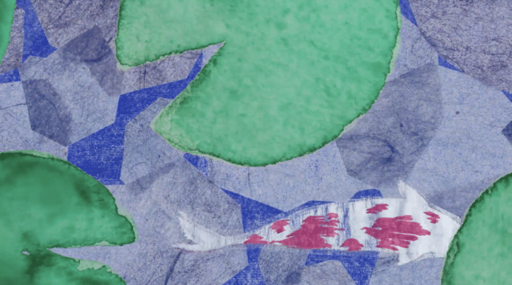 Animation-style image of a koi fish swimming among green lily pads and blue water.