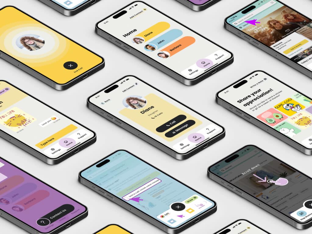 Mockups of a mobile app displayed across multiple smartphones, featuring bright and playful user interface designs for communication and social connection.