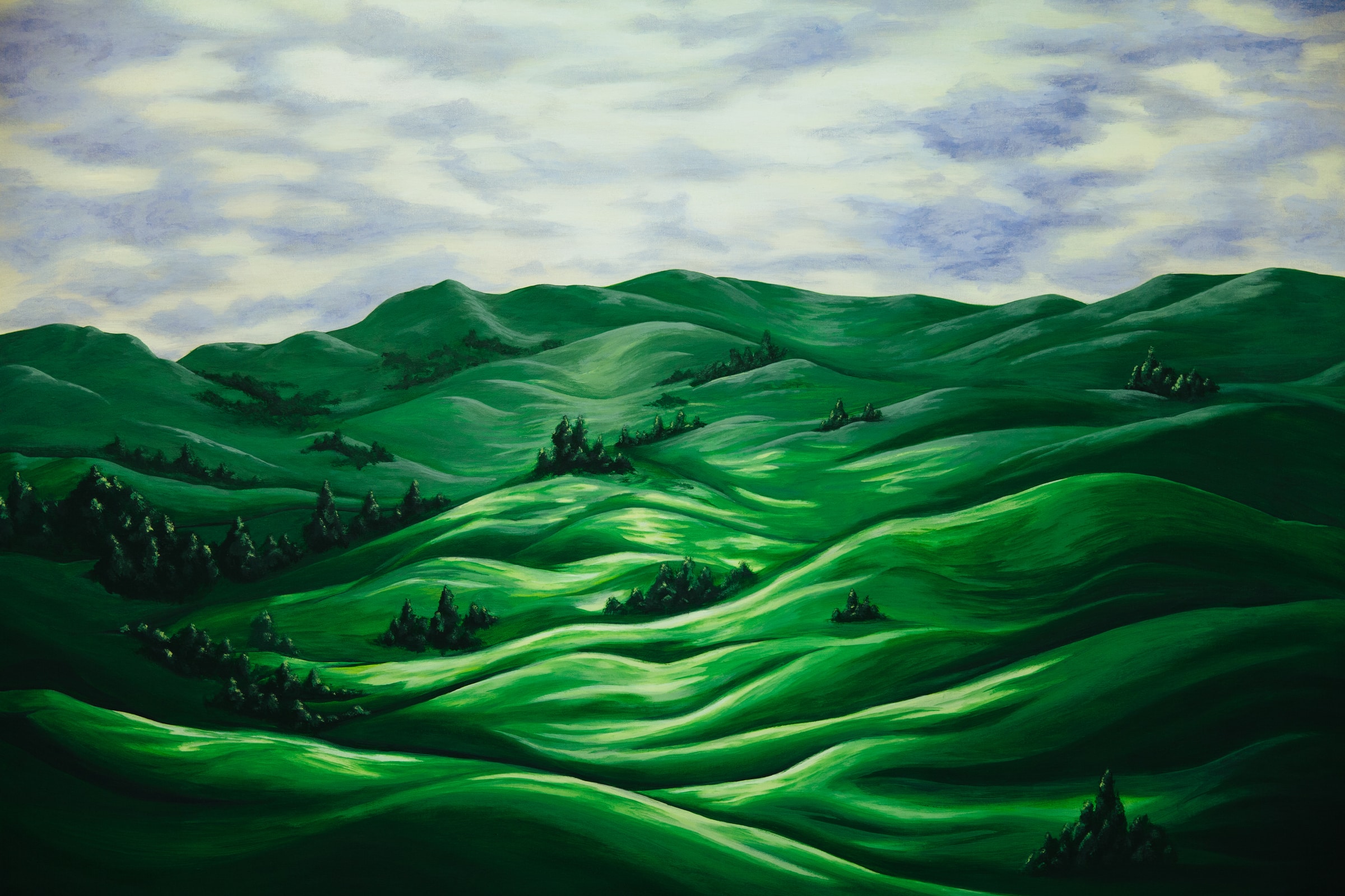 Painting of green rolling hills.