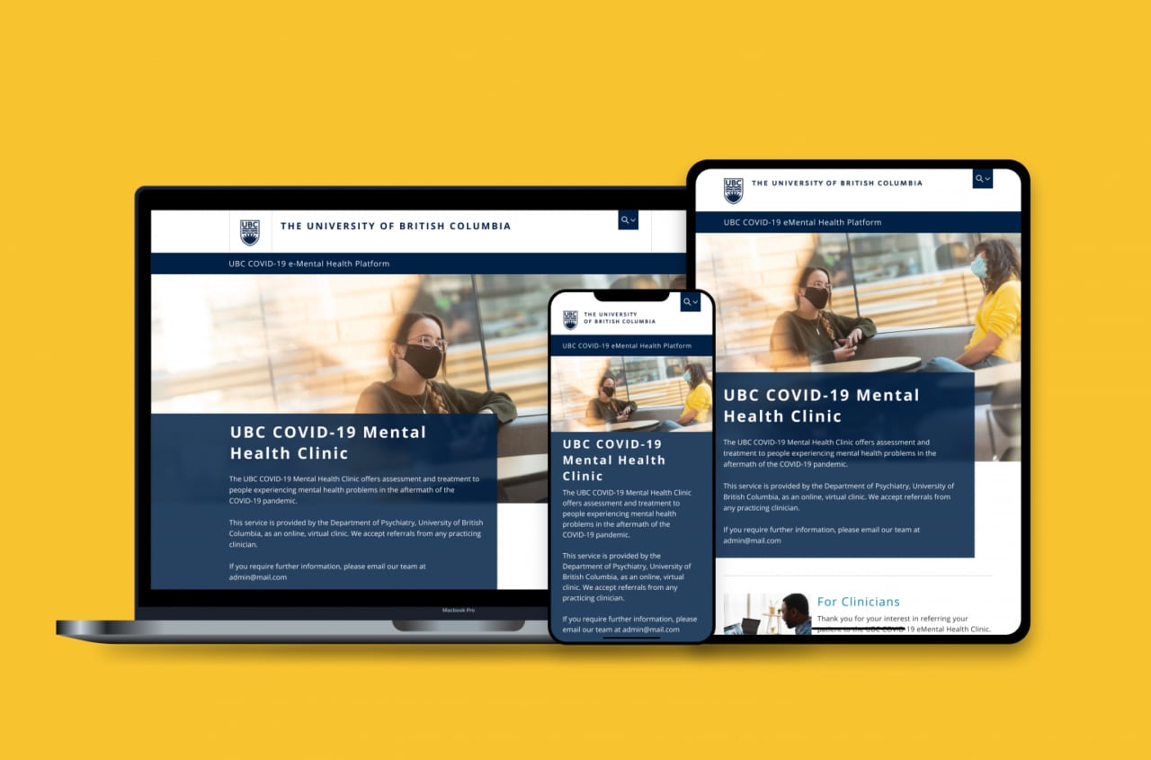 The UBC COVID-19 Mental Health Clinic website displayed across a laptop, tablet and phone on a yellow background. Designed interface shows masked people and clinic information.