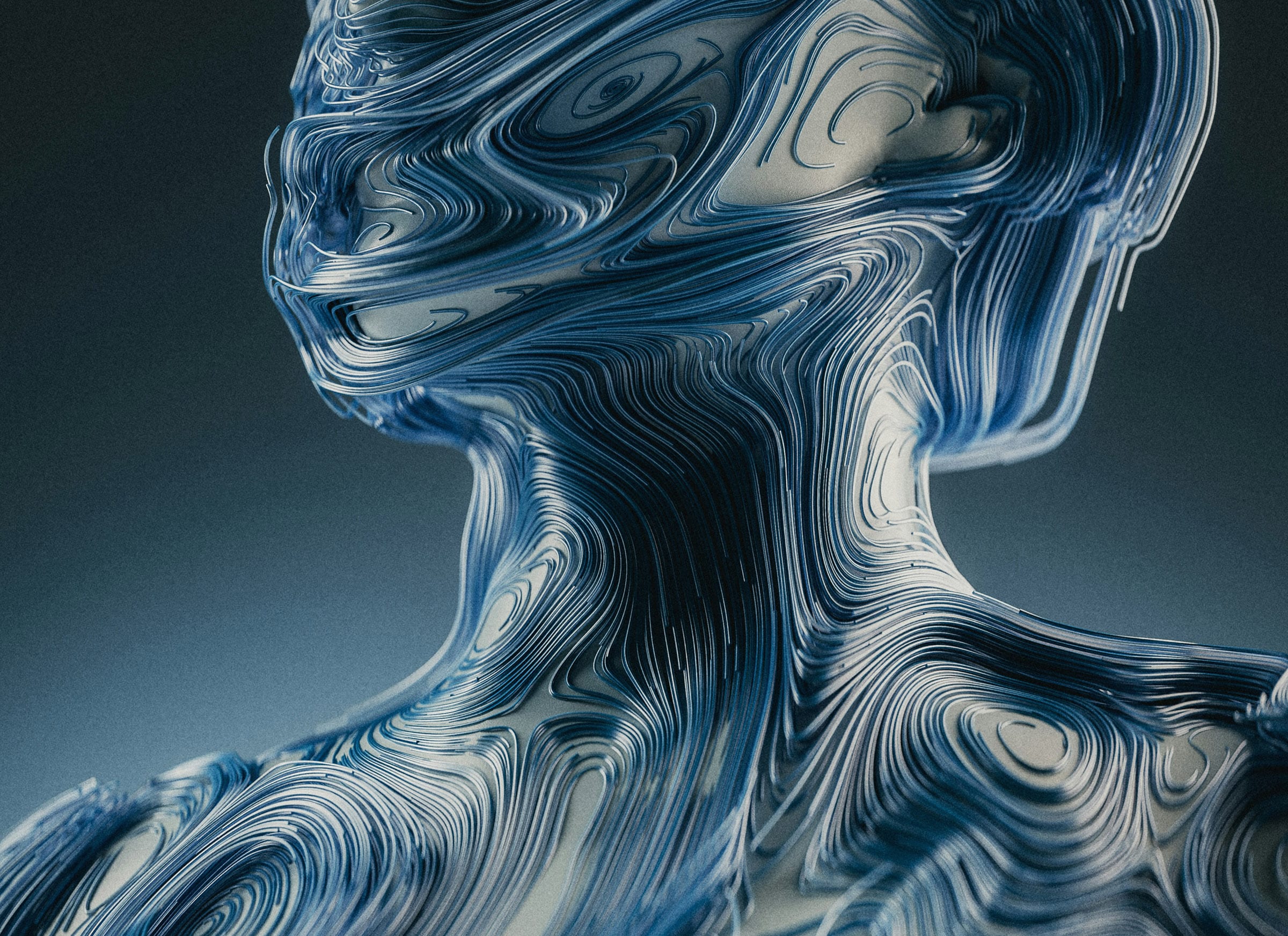 Surreal 3D render of a human bust covered in flowing, layered blue textures resembling topographic lines.