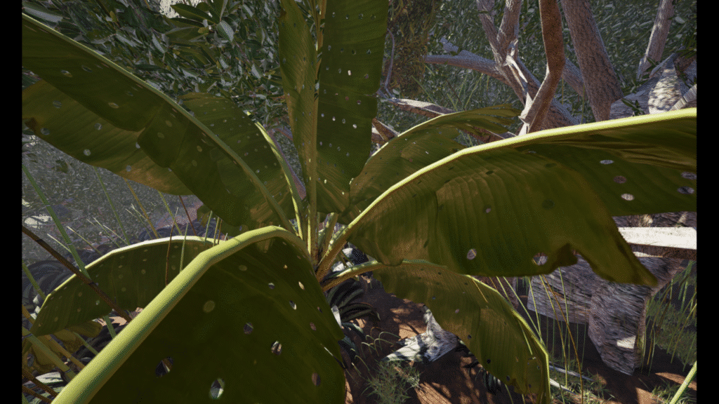 A close-up 3D rendering of large tropical leaves with holes.