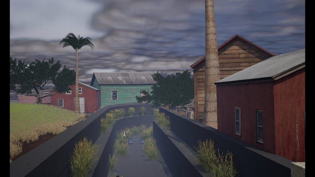 A 3D-rendered street scene with houses, a smokestack, and overgrown vegetation.
