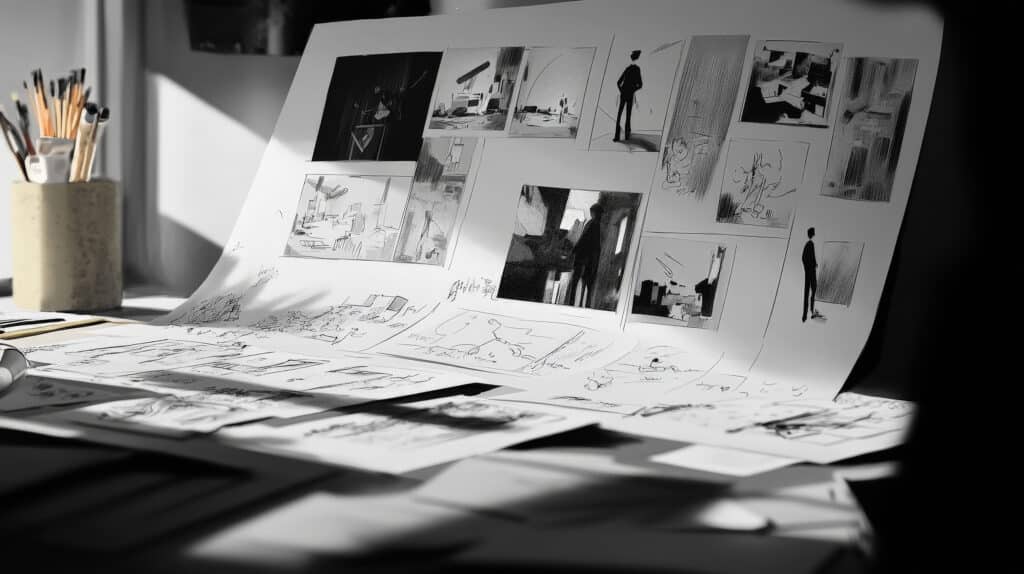 Table covered with sheets of storyboard sketches in black and white, with brushes and drawing tools nearby.