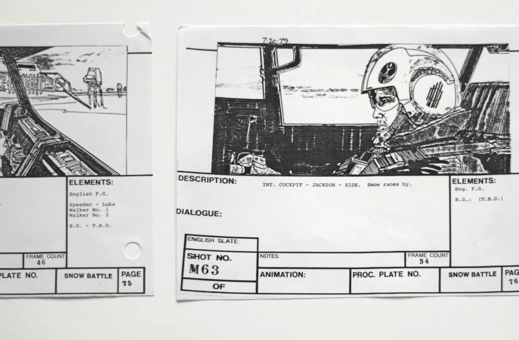Black-and-white storyboard panel showing a pilot in a cockpit with descriptive notes and dialogue sections.