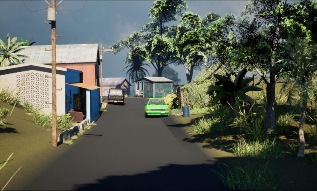 A 3D-rendered street view with houses, cars, and greenery.