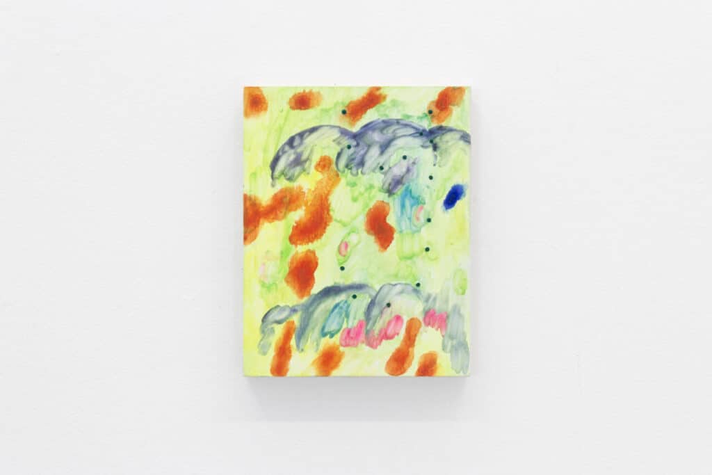 Small abstract painting with soft washes of yellow, orange, grey, pink and blue on a white background.