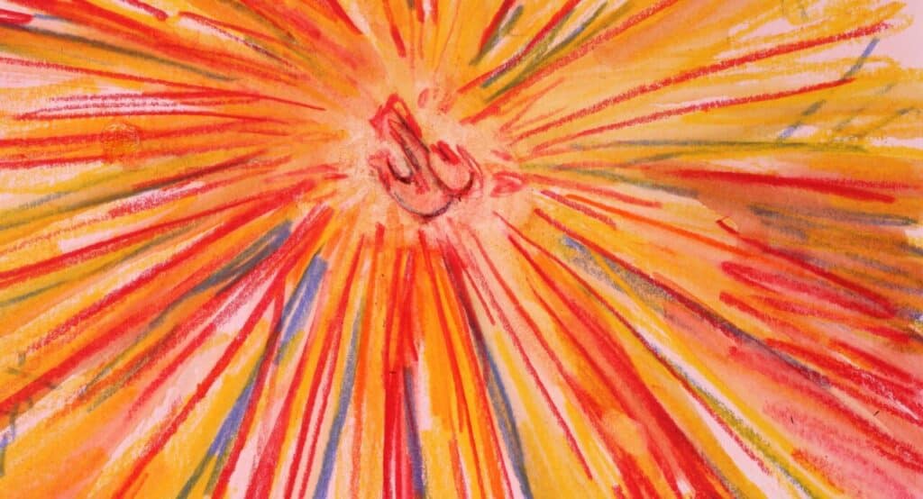 A red and yellow abstract artwork with radiating lines and a small central figure sketched in the middle.