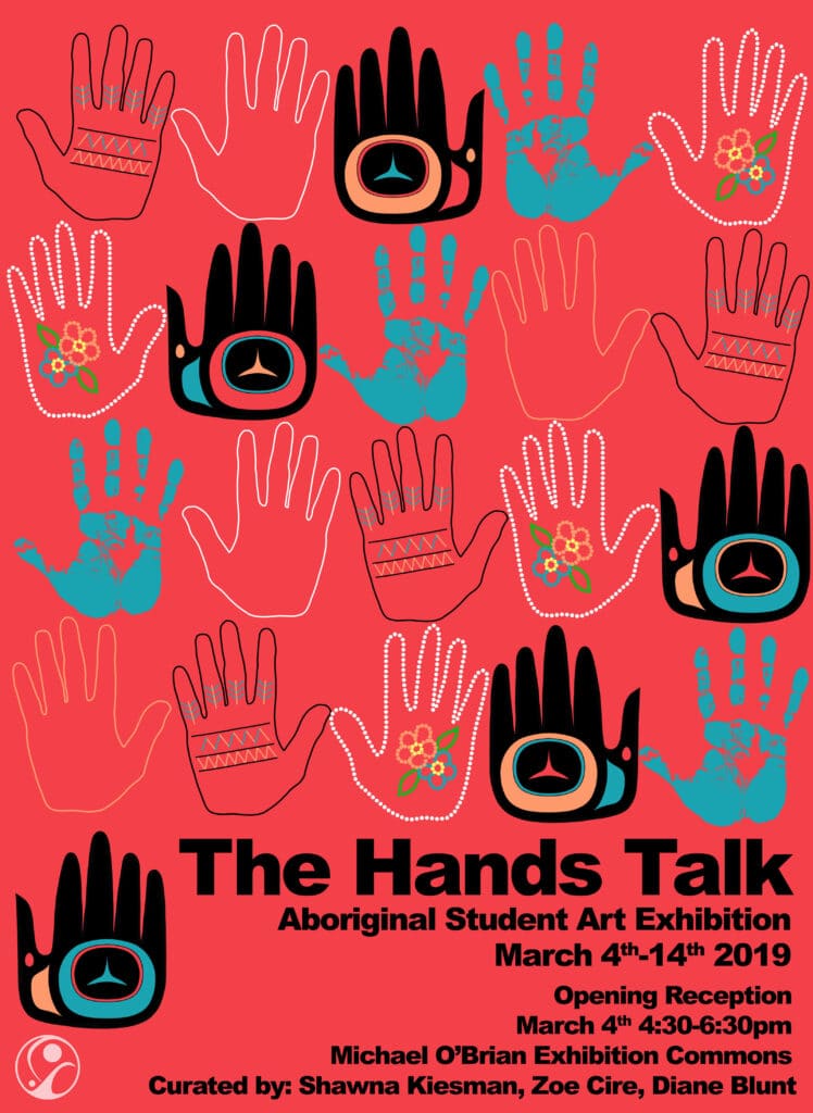 2019 – The Hands Talk poster: Poster with illustrated hands and bold red background for The Hands Talk: Aboriginal Student Art Exhibition at Emily Carr University.