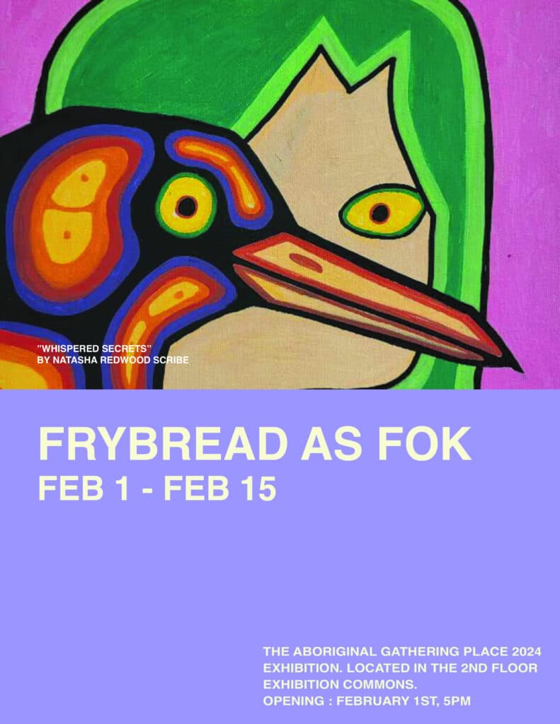 2024 – Frybread as Fok poster: Poster featuring Natasha Redwood Scribe’s painting Whispered Secrets, promoting Frybread as Fok, a 2024 exhibition by the Aboriginal Gathering Place.