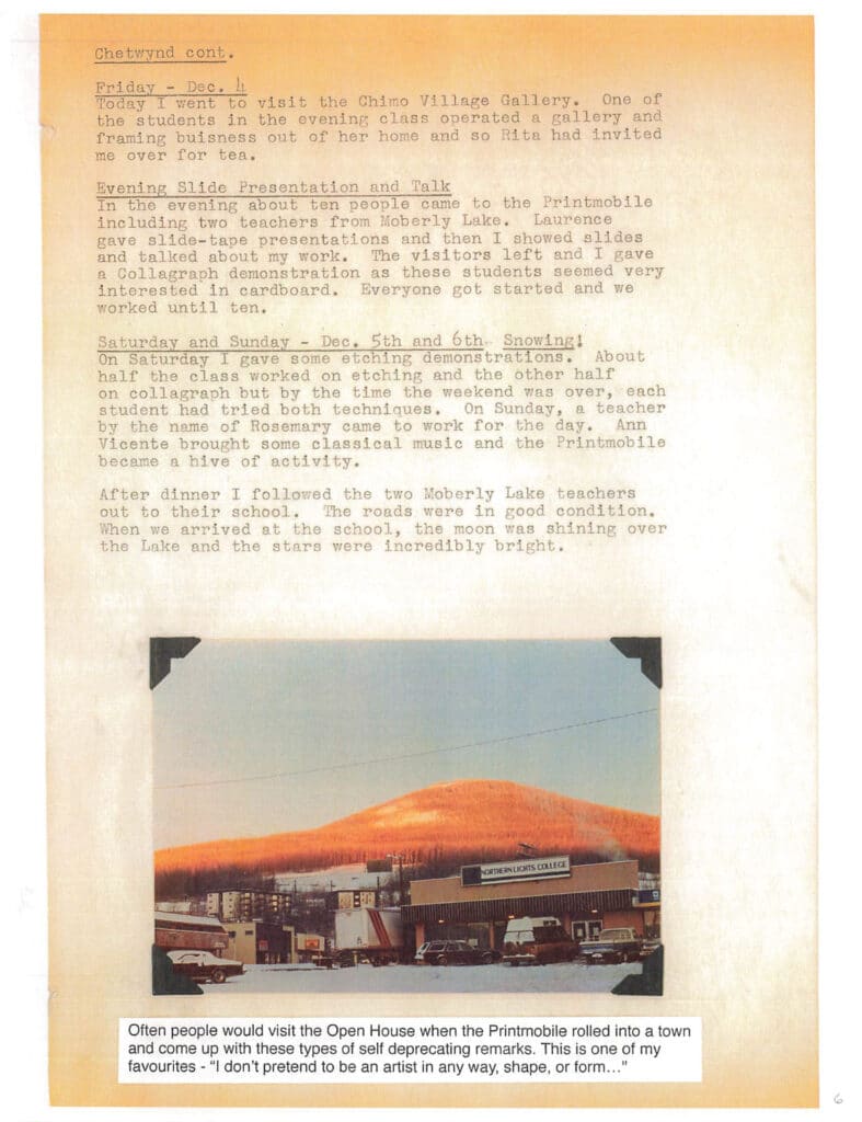 A scanned journal page with typed text recounting an art outreach trip, featuring a photograph of a snowy town with buildings and hills in the background.