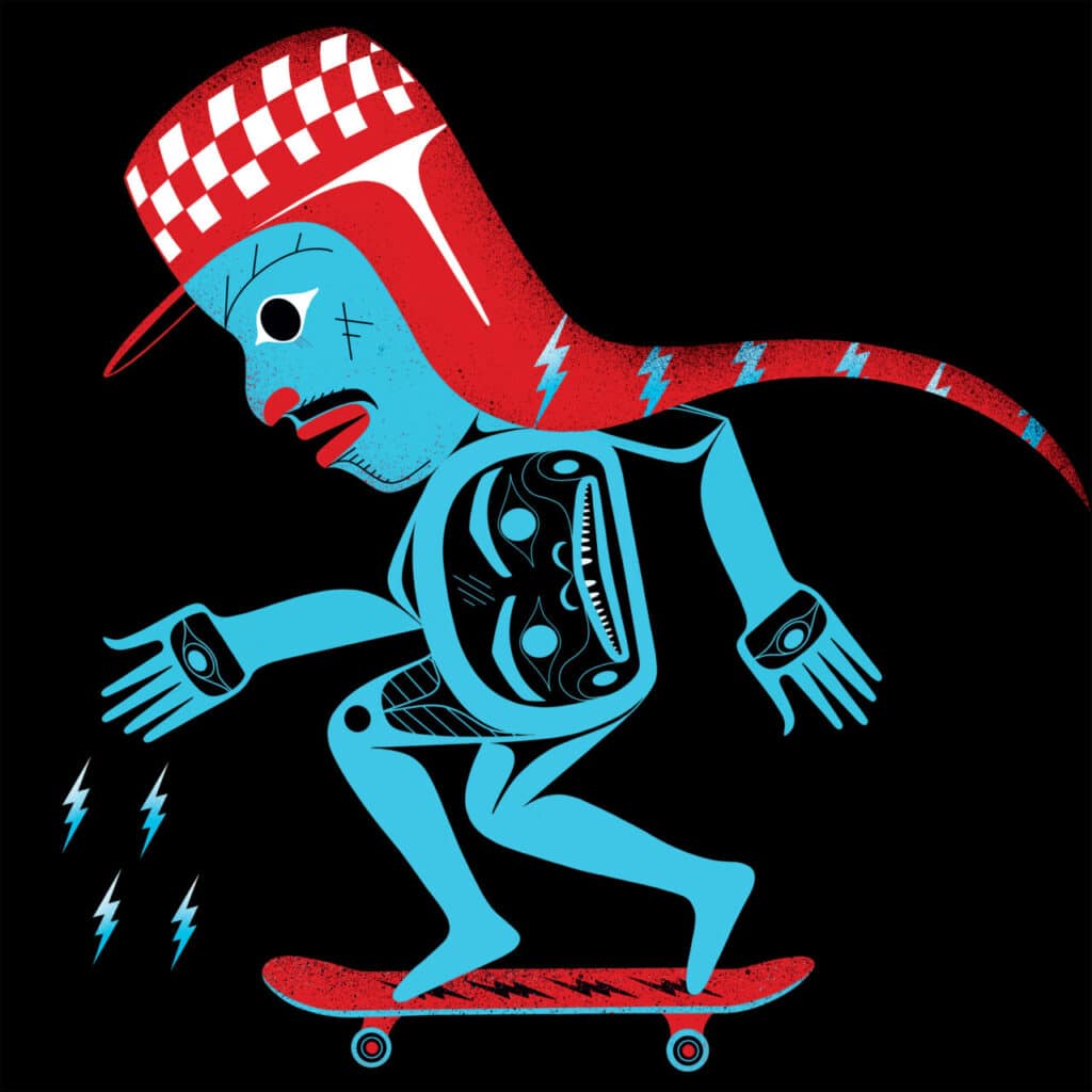 A stylized blue and red illustration of a figure skateboarding, blending Northwest Coast formline art with contemporary street style. The character wears a red checkered hat, holds outstretched hands, and emits lightning bolts from its fingers, combining cultural motifs with modern energy.