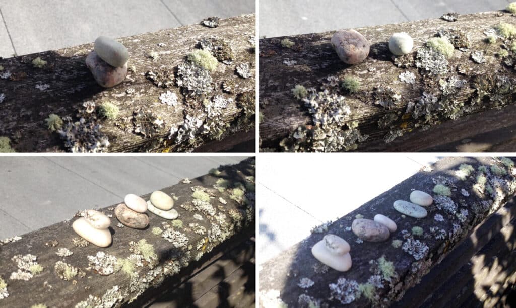 Four close-up photos show small stones carefully arranged on a lichen-covered wooden railing.