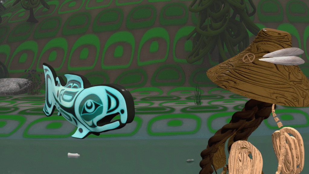A stylized 3D scene shows a figure in a woven cedar hat beside a turquoise fish with Northwest Coast design patterns, set against a patterned green landscape.