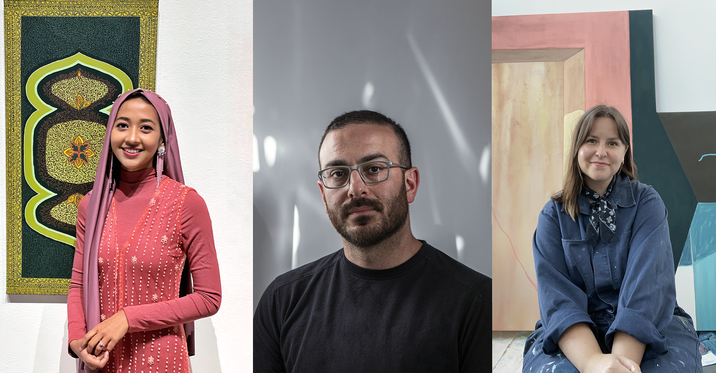 A composite portrait of three artists, each pictured in front of their work. From left to right: a person in a rose-coloured dress and headscarf standing beside an intricate patterned textile; a person in glasses and a black shirt against a neutral background; and a person seated in a blue jumpsuit with abstract painted canvases behind them.