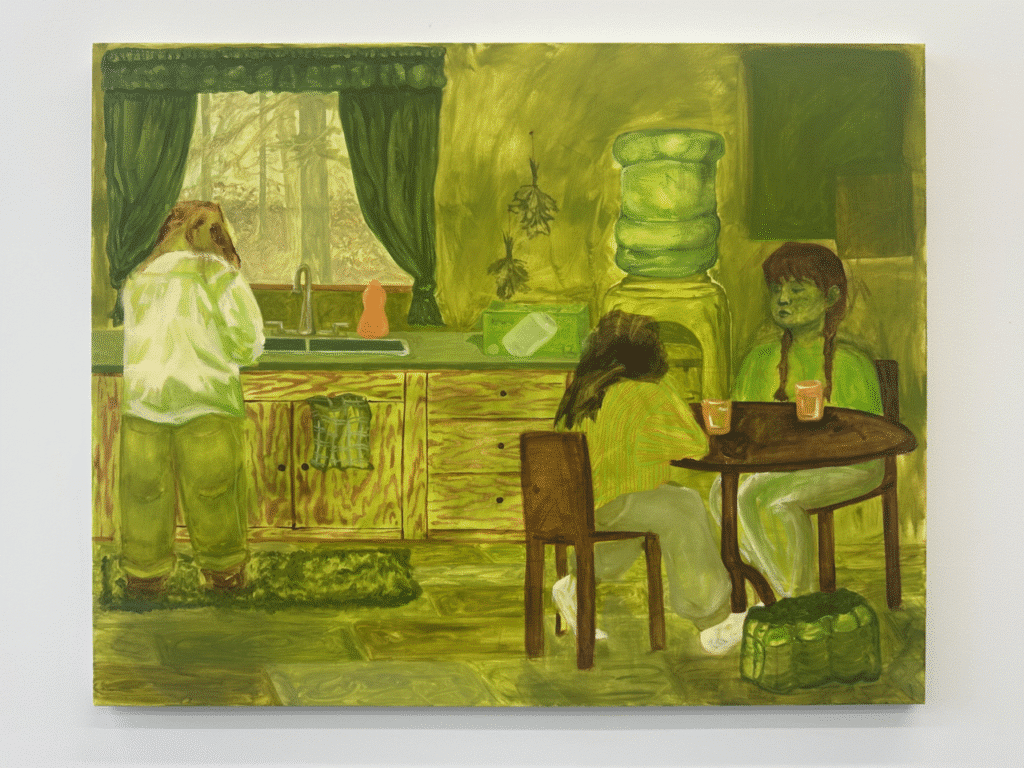 A painting of three figures in a green-toned kitchen, with one standing at the sink and two seated at a small table with drinks.