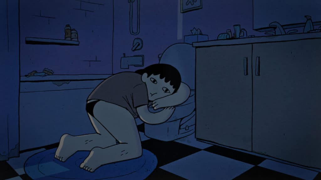 An animated figure kneels beside a toilet in a dimly lit bathroom, resting their head on the seat.
