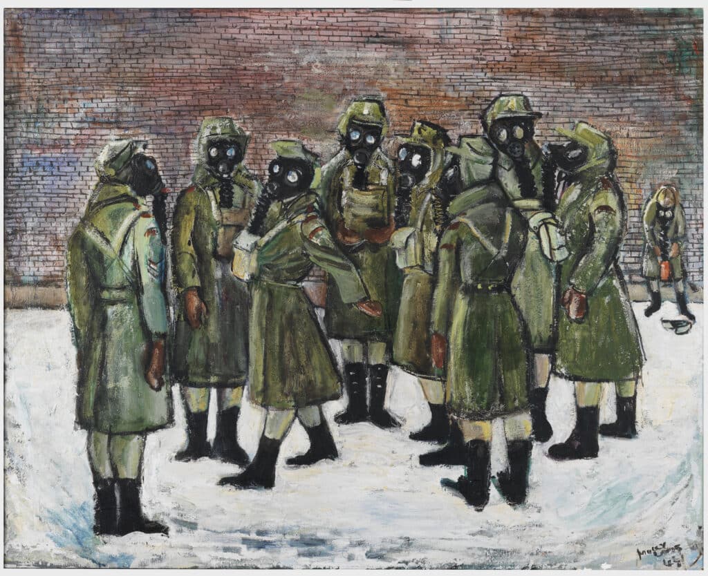 A group of soldiers wearing gas masks stand in a snowy yard against a brick wall while another soldier adjusts gear in the background.