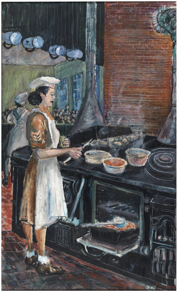 A woman in uniform cooks at a large industrial stove with steaming pots while another worker moves in the background.