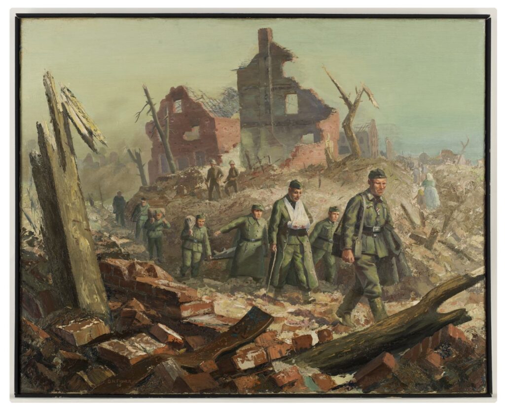 Wounded German soldiers move through a devastated brick landscape of collapsed buildings and shattered trees.