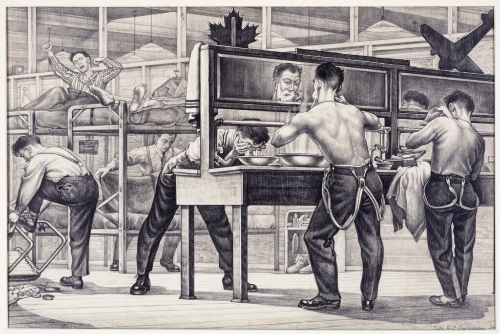 Aircrew prepare for the day in a shared barracks, washing at sinks, dressing, and stretching on bunk beds.