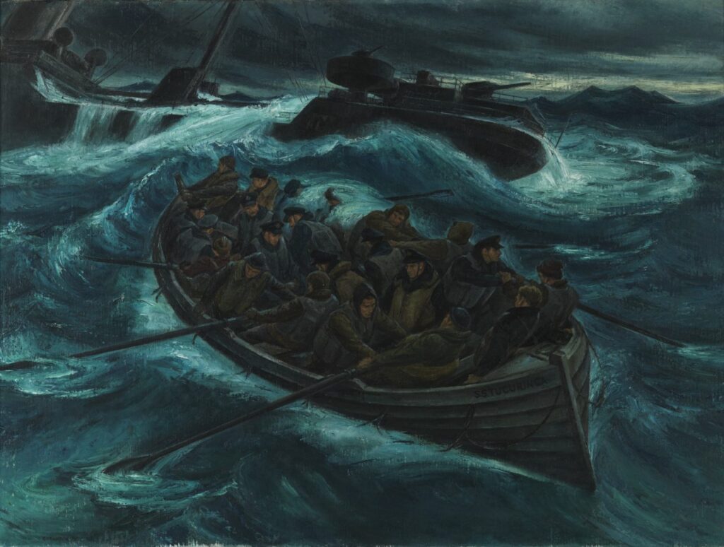 Survivors crowd into a lifeboat on dark turbulent waves as a damaged ship sinks behind them.