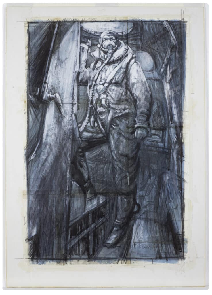 A bundled aircrew member wearing oxygen equipment stands inside an aircraft doorway.