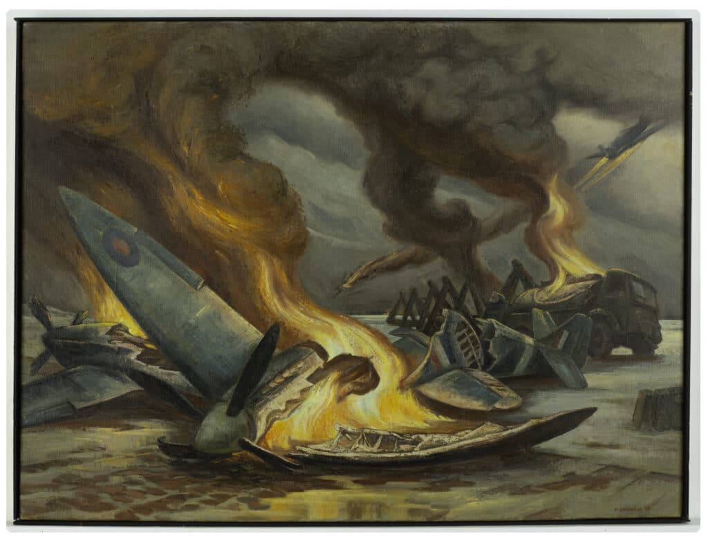 Wrecked planes and a truck burn on a smoky airfield under a dark sky.