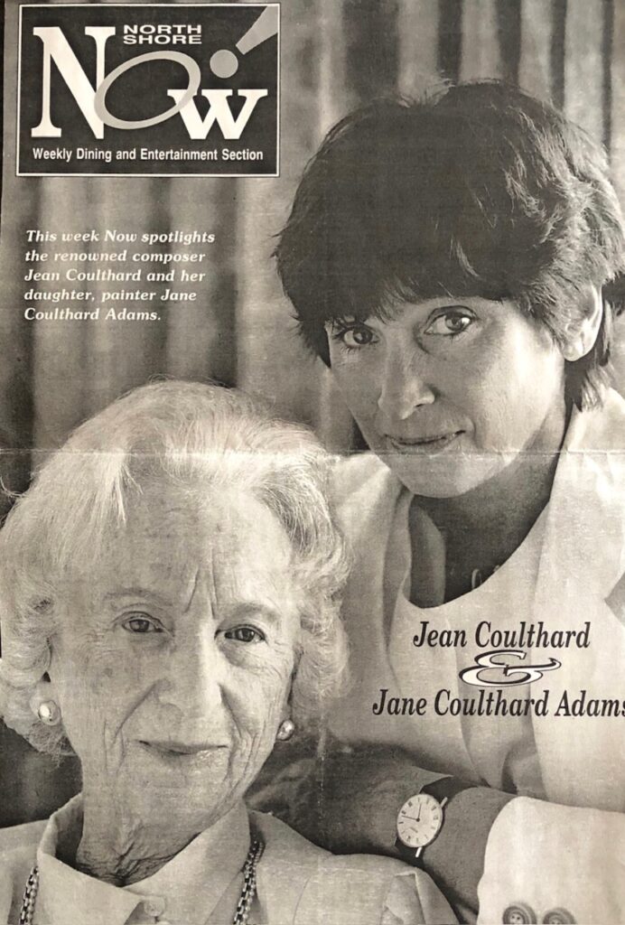 Black-and-white newspaper cover featuring composer Jean Coulthard and her daughter, painter Jane Coulthard Adams, for a North Shore Now feature story.