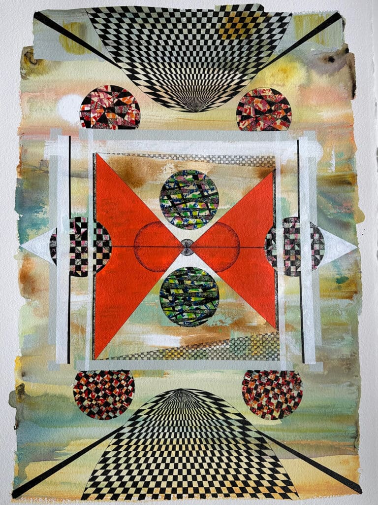 Abstract mixed-media artwork featuring bold geometric forms, including red triangles, patterned circles and black-and-white checkerboard shapes on a softly blended background.