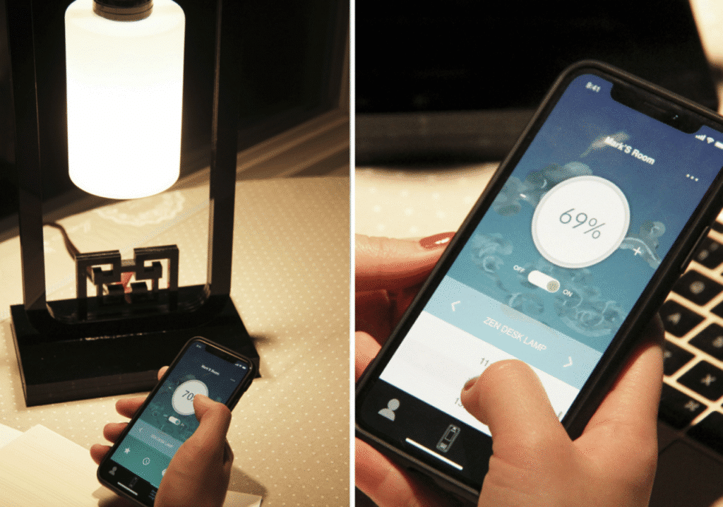 Two images show a person adjusting a smart desk lamp using a mobile app. On the left, a hand holds a phone while controlling the brightness of a lit lamp with a frosted glass shade. On the right, a close-up shows the phone screen displaying the app interface, with the light set to 69% brightness.