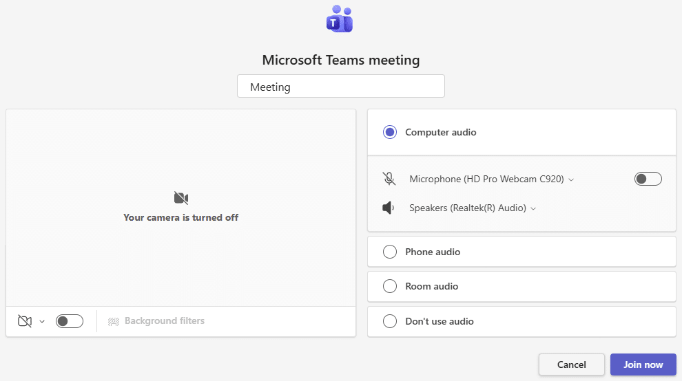 A screenshot that shows users how to review their camera and microphone settings in Teams.