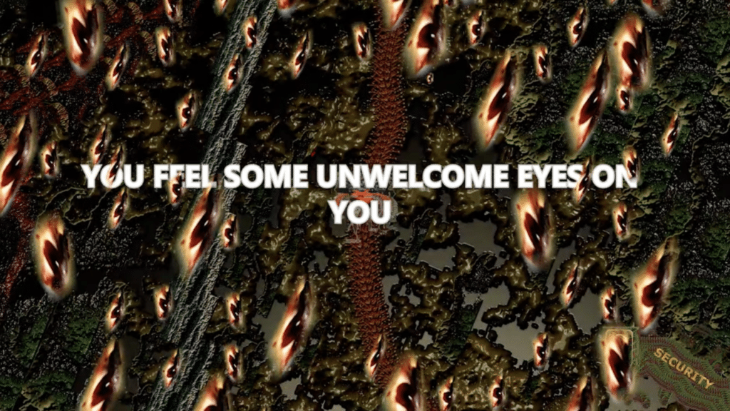 Dark shapes and patterns reminiscent of rocks and insects swim across a grey and red image featuring the words ‘you feel some unwelcome eyes on you.’