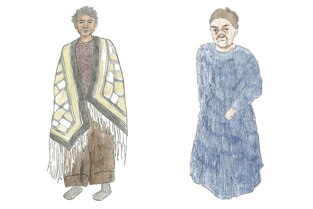 Hand-drawn coloured pencil portraits of two characters: one wearing a patterned, fringed robe over loose trousers, and the other in a long blue dress with hands tucked into the pockets.