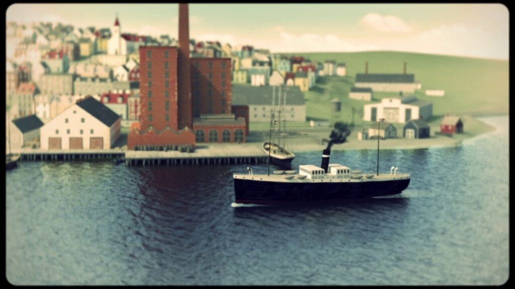 A film still of a steamship moving through a quiet harbour, with warehouses, chimneys and a hillside town in the distance, depicted in digital animation.