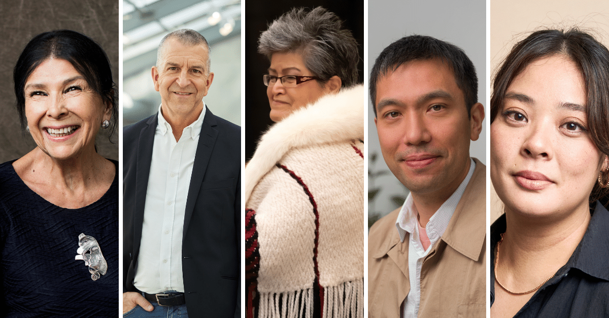 A collage of five portrait photographs placed side by side, showing a diverse group of people in professional attire. From left to right: a smiling person with long dark hair wearing a dark top and a silver brooch, a person in a blazer standing in a bright indoor space, a person in glasses wearing a white wool coat with red and black detailing, a person in a beige jacket with a light shirt, and a person with dark hair and gold earrings in a black top.