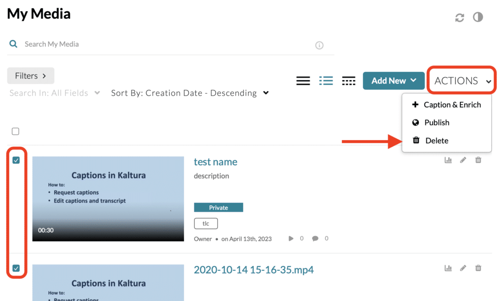 A screenshot showing users how to bulk delete from Kaltura.
