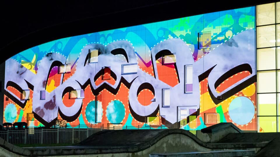 1UP, 2016 In this site-specific installation, Sonny “tags” the colonial landscape to bring attention to the histories of Indigenous Peoples in Canada. A colloquial term in gaming culture, 