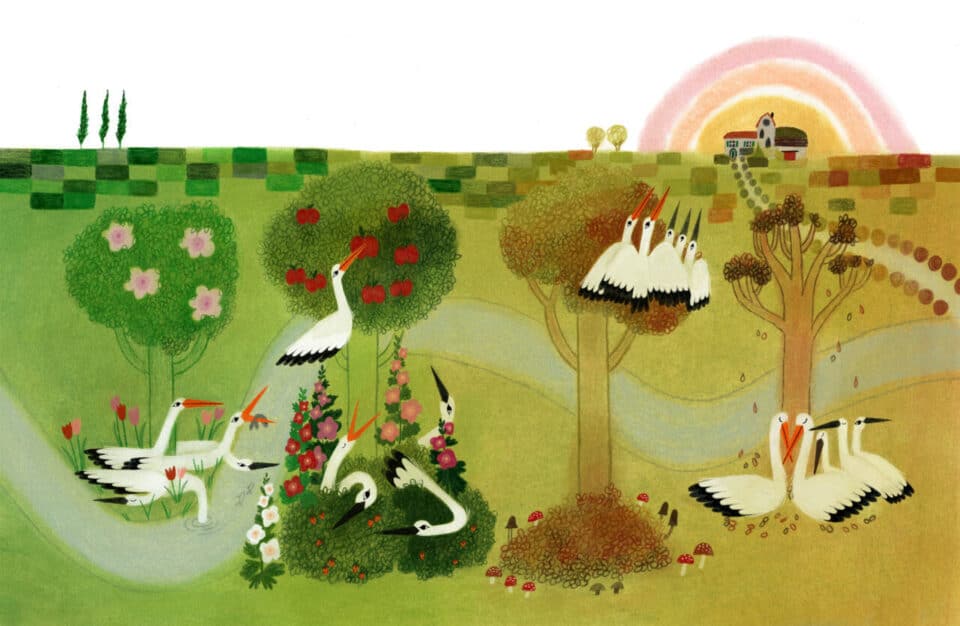 The Springtime Storks For her work on the book Springtime Storks, Chelsea used baby blues, bright pinks and green foliage to light up a landscape in full bloom as the story moves toward spring and its joyful conclusion. Image courtesy Chelsea O’Byrne.