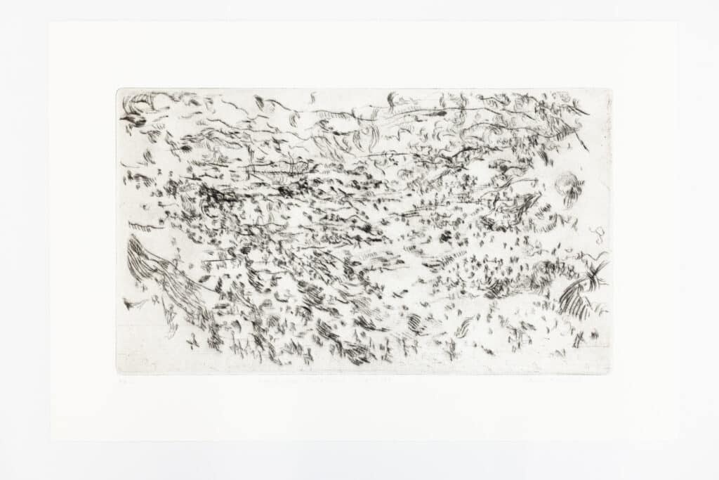 Abstract black-and-white print composed of fine, gestural lines and marks spread horizontally across a light background, resembling flowing movement.