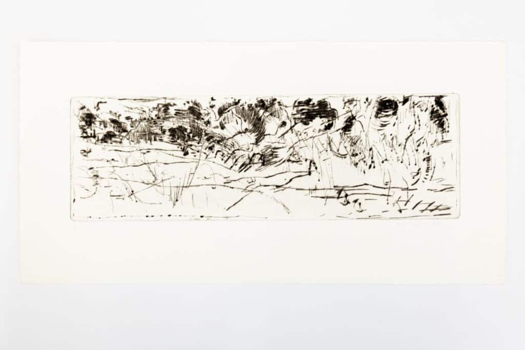 Abstract black-and-white print composed of fine, gestural lines and marks spread horizontally across a light background, resembling flowing movement.