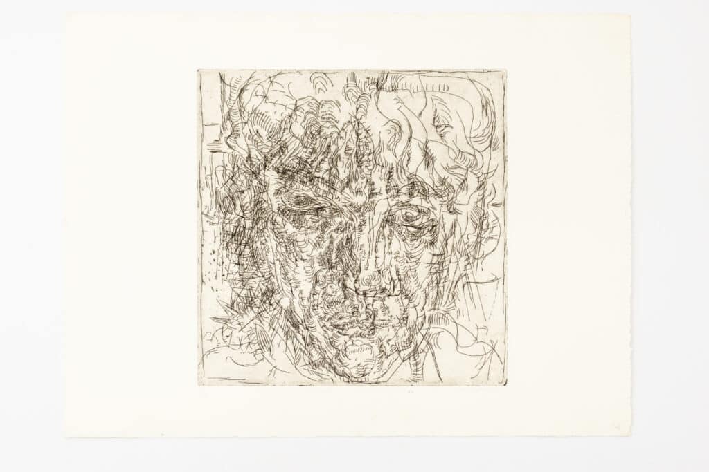 Abstract black-and-white print composed of fine, gestural lines and marks spread horizontally across a light background, resembling flowing movement with the suggestion of a human face.