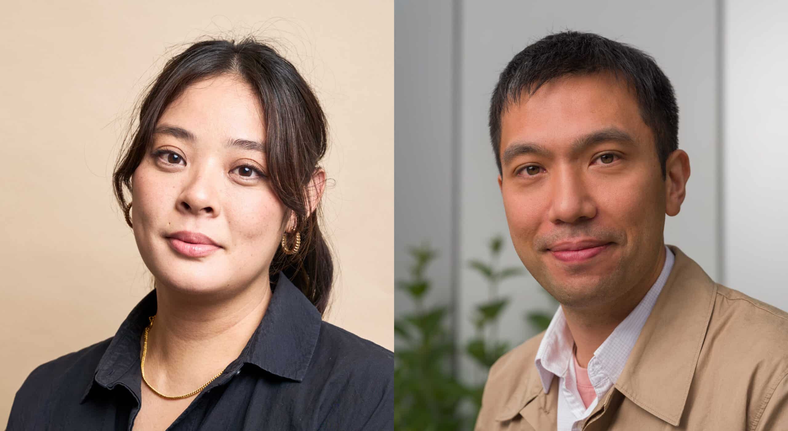 A split portrait shows a person with long hair, earrings and a dark shirt on the left and a person with a tan jacket and white shirt on the right.