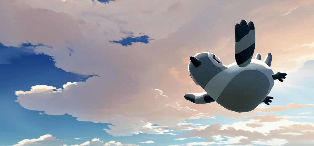 An animated scene depicting a cartoon bird flying through the sky at sunset.